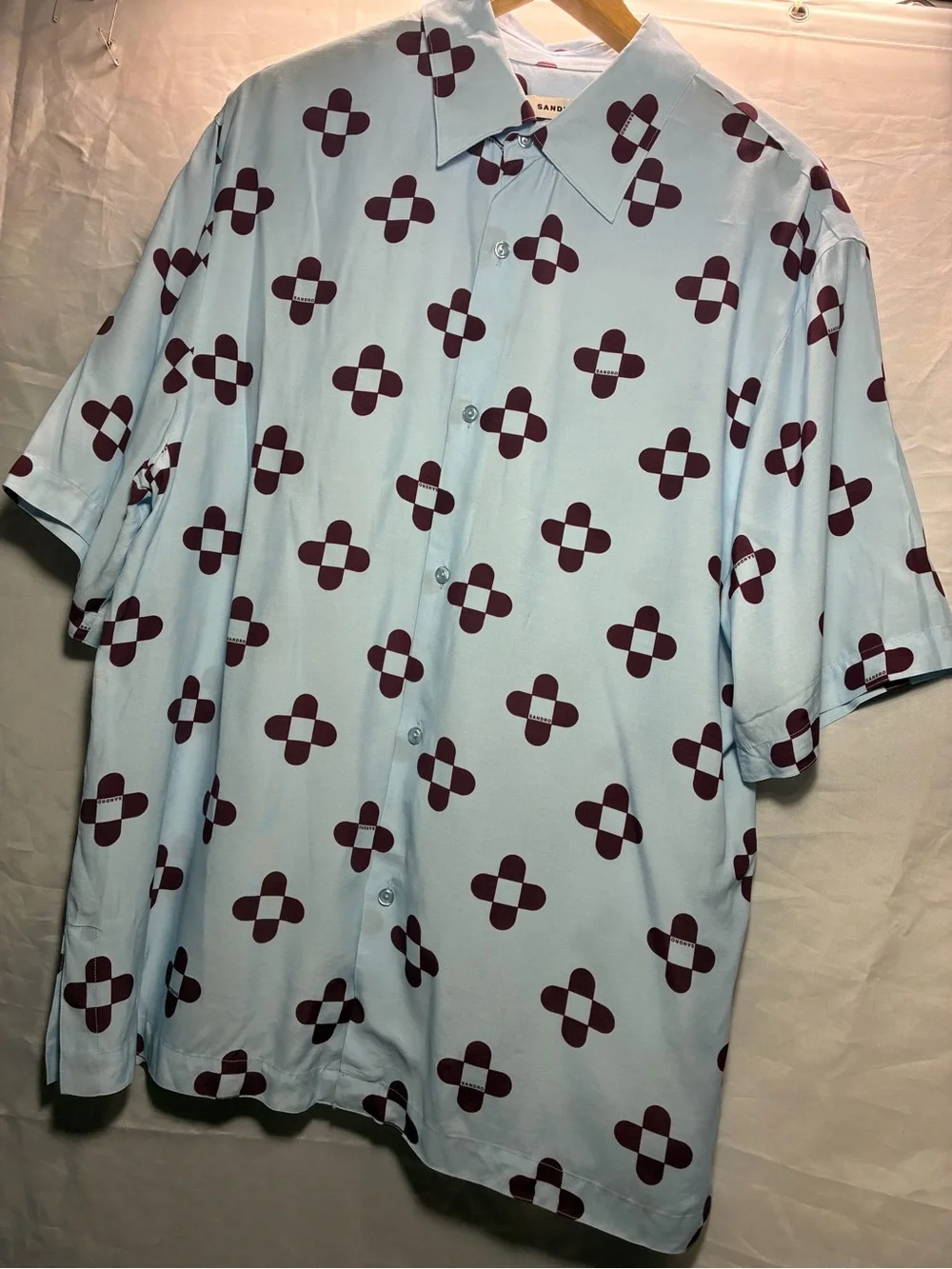 Sandro Light Blue Short-Sleeve Button-Down with Burgundy Geometric Print